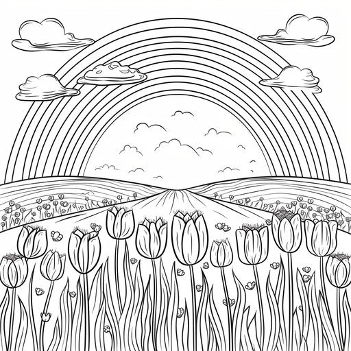 A simple rainbow over a field of blooming tulips