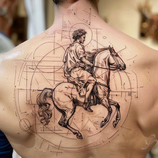 Dynamic flat tattoo sketch of Marcus Aurelius on horseback