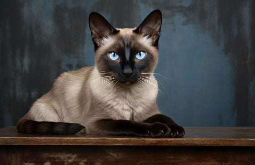 Siamese cat with blue eyes on table, dark white light brown