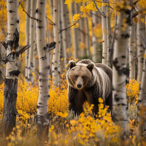 Grizzly bear in a grove of aspen with golden leaves