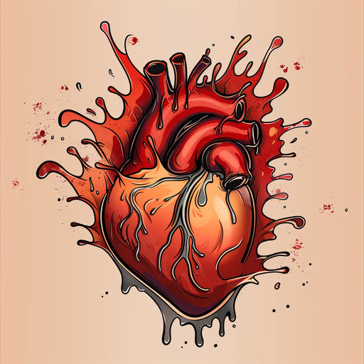 Dynamic flat tattoo sketch of a heart with splashing tears