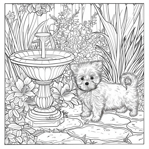 Garden scene with a puppy and a birdbath
