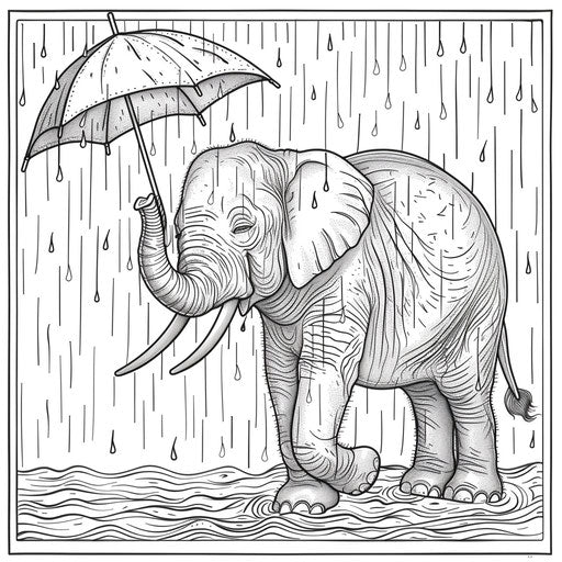 Elephant with umbrella in the rain