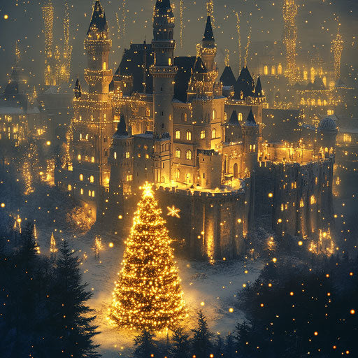 Majestic castle with golden lights and lit Christmas tree