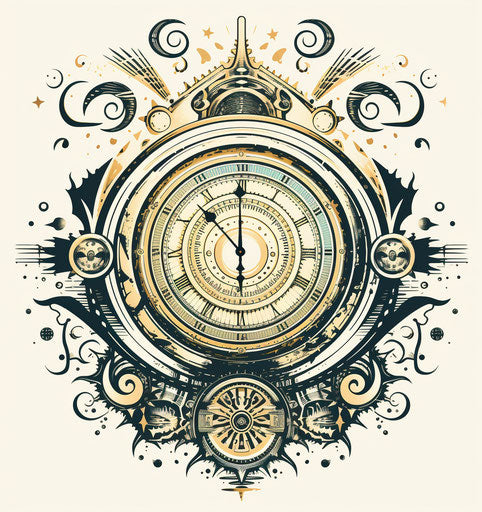Clock tattoo with alchemical symbolism
