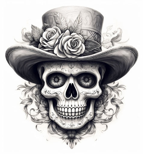 Skull with a hat in black and white tattoo