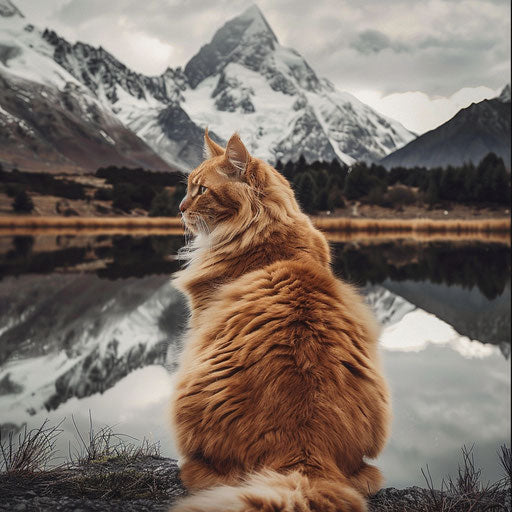 Chubby cat in front of mountain scenery