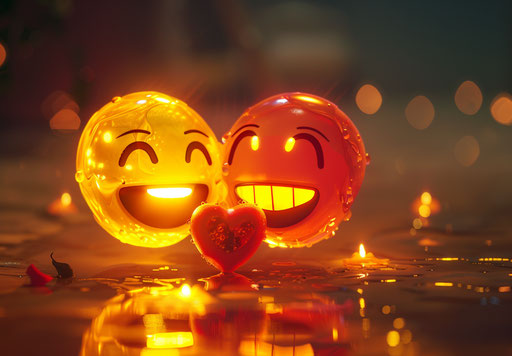 Two happy emoticons holding a heart with the words love my heart