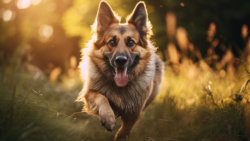 German shepherd dogs running in grass, light navy and light amber style, petcore 37:21