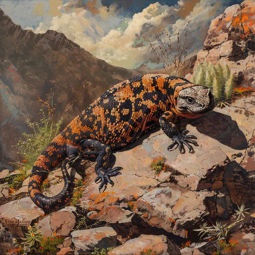Gila monster on a rocky desert hillside