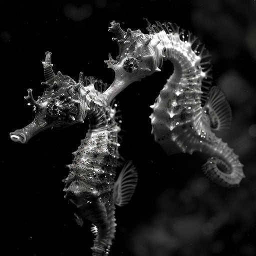 Seahorses in black and white, intense and dramatic