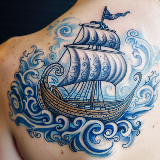 Traditional Viking longship on blue sea, historical detail