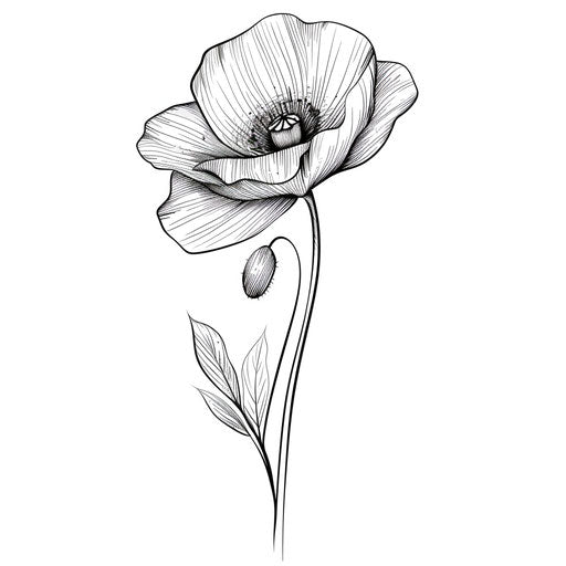 Elegant poppy in fine line tattoo style, with subtle shading