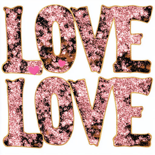 Leopard pattern with pink glitter text 'LOVE' and heart icon on white background