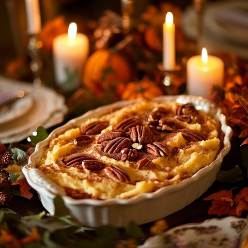 Thanksgiving feast with dish of mashed sweet potatoes