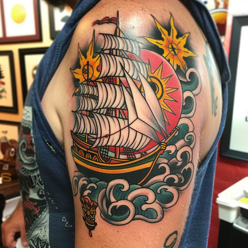Nautical themed cover up tattoo in the style of Sailor Jerry