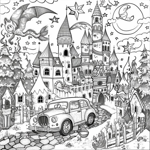Whimsical car in a fantasy world with castles and dragons.