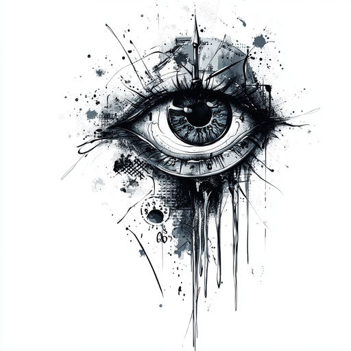 Men's inner bicep tattoo with surreal eye and melting clock