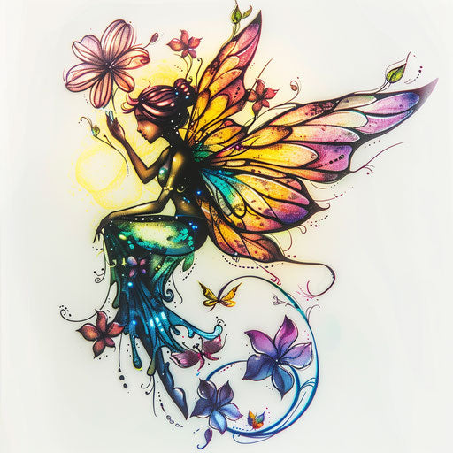 Artwork of small fairy and flower tattoo, with luminous colors on white