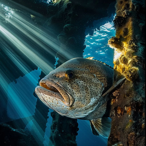 A Warsaw grouper hiding in the shadows of a sunken ship, light rays filterin