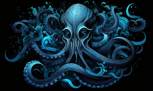 Blue octopus in black drawing, detailed shading style
