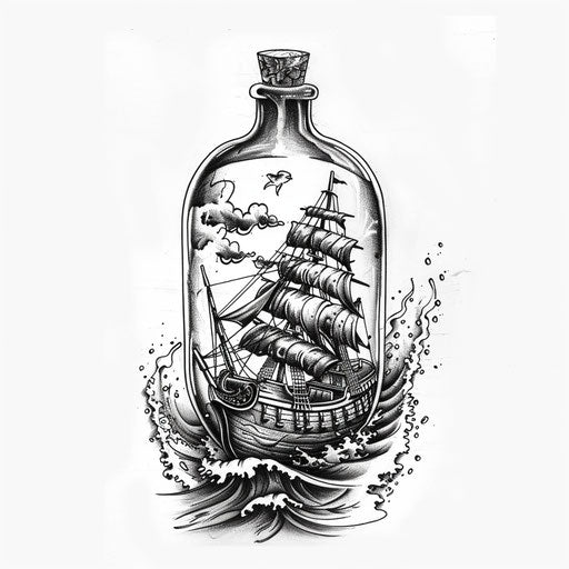 Classic tattoo sketch of a ship in a bottle