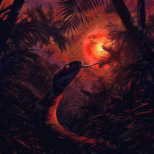 Black mamba snake in a dense jungle at sunset