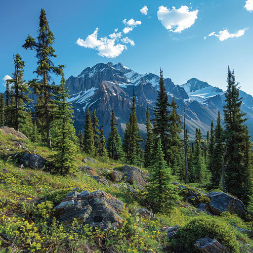 Rugged mountain slope with whitebark pines, distant snow-capped peaks