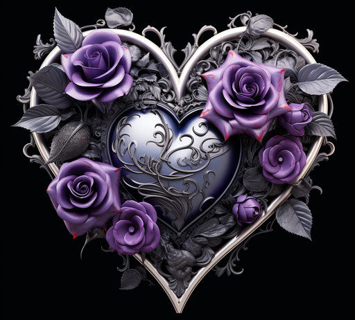 Heart ornament with purple rose, violet and black style