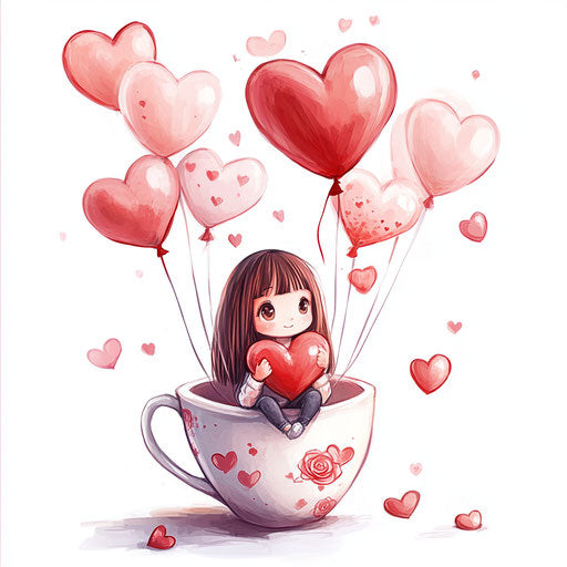 The cute girl in a coffee cup holding heart balloons