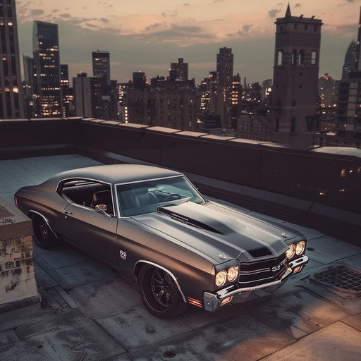 Matte grey Chevelle with body kit, on city rooftop at dusk