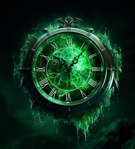 Green clock in dystopian cartoon style