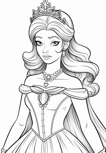 Printable princess coloring pages, frontal perspective, cartoony, playful caricature