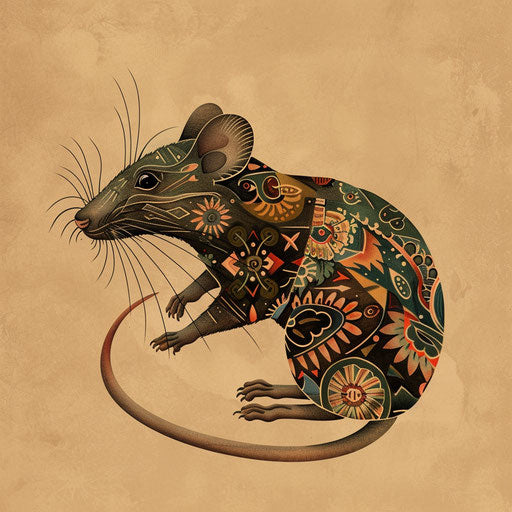 Rustic sketch of a rat with traditional folk art patterns