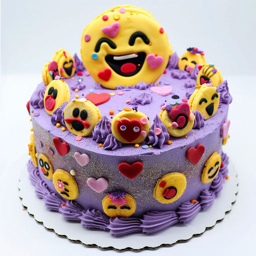Purple cake with emoticons, oversized yellow smiley on top