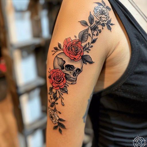 Rose and skull armband tattoo, Ed Hardy style, upper arm