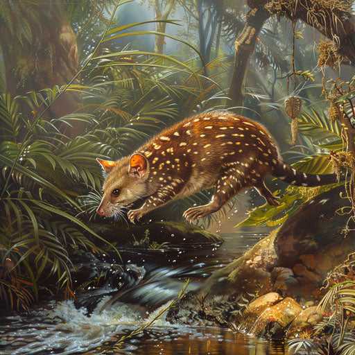 Tiger quoll leaping over a creek