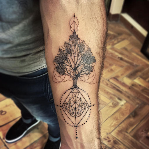 Geometric tree of life tattoo, in the style of Guy Aitchison