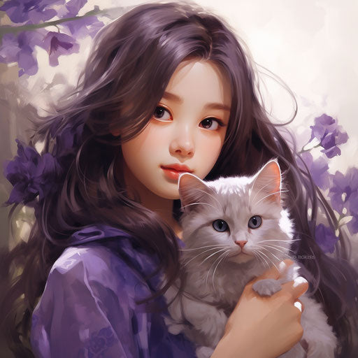 Beautiful animated image of a girl holding a cat, oriental style, cute and dreamy