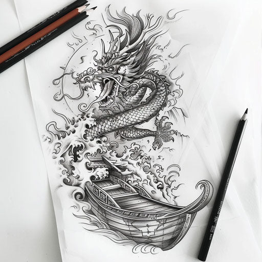 Exotic flat tattoo sketch of a boat with ornamental Asian dragon motifs
