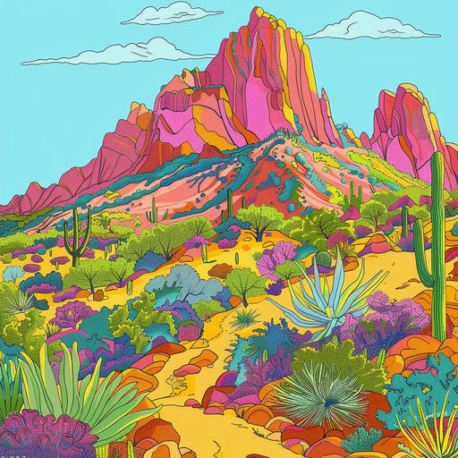 Camelback mountain, vivid colors, summertime, cartoon style