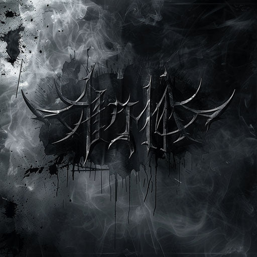 Heavy metal band logo with sharp, aggressive fonts on a dark, smoky background