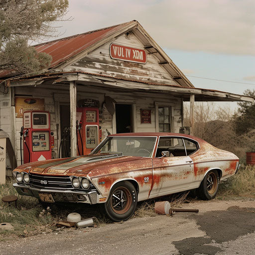 1969 Chevrolet Chevelle SS with weathered finish at rural gas station