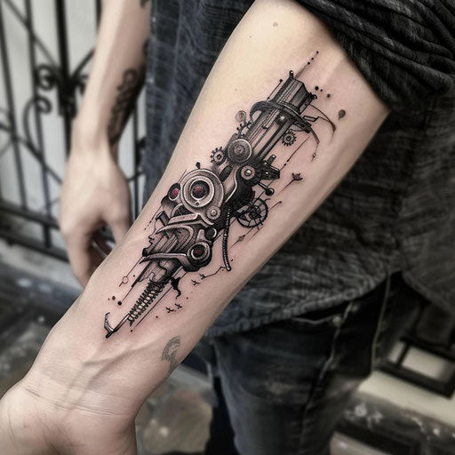 Wrist tattoos for women with mechanical elements, in the style of Adrian Smith
