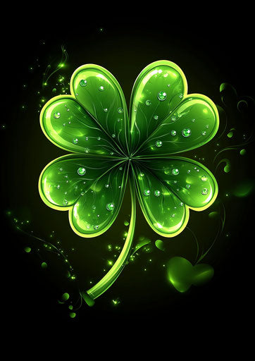 Realistic four-leaf clover with dew drops on dark background