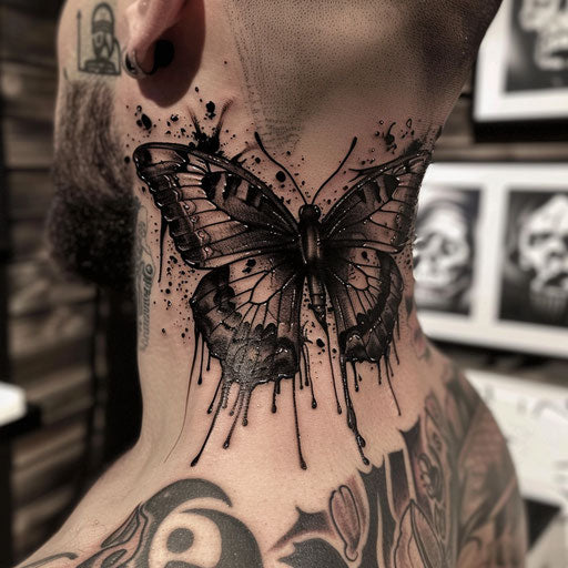 Butterfly neck tattoo with gothic elements