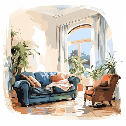 Living room clipart in the style of oil painting, on a white background
