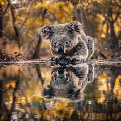 Koala and its reflection in a serene water body, doubling tranquility