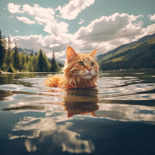 Orange cat swimming in a lake by the shore