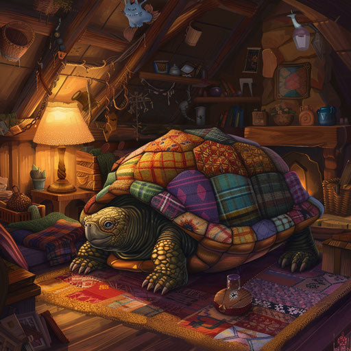 A turtle with a patchwork shell in a cozy cottage